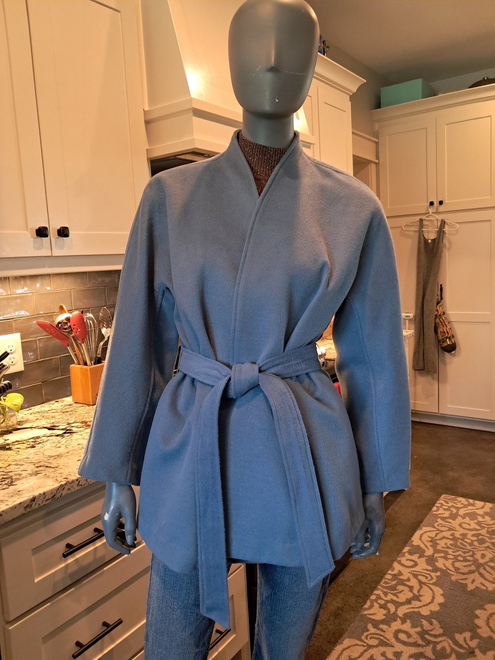 Joan Vass Dusty Blue Wrap Belted Peacoat